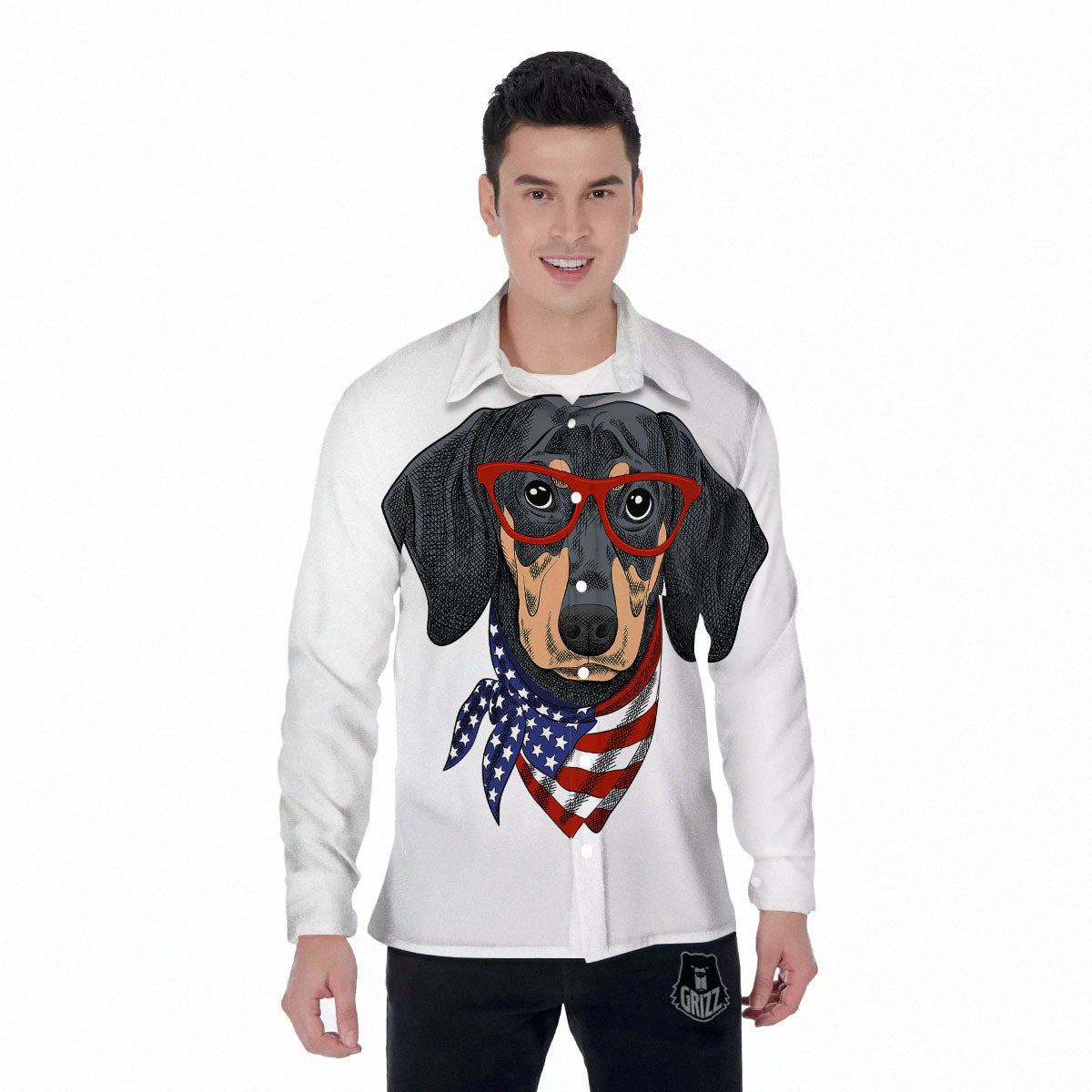 Dachshund Wearing Red Sunglasses Print Men's Long Sleeve Shirts-grizzshop