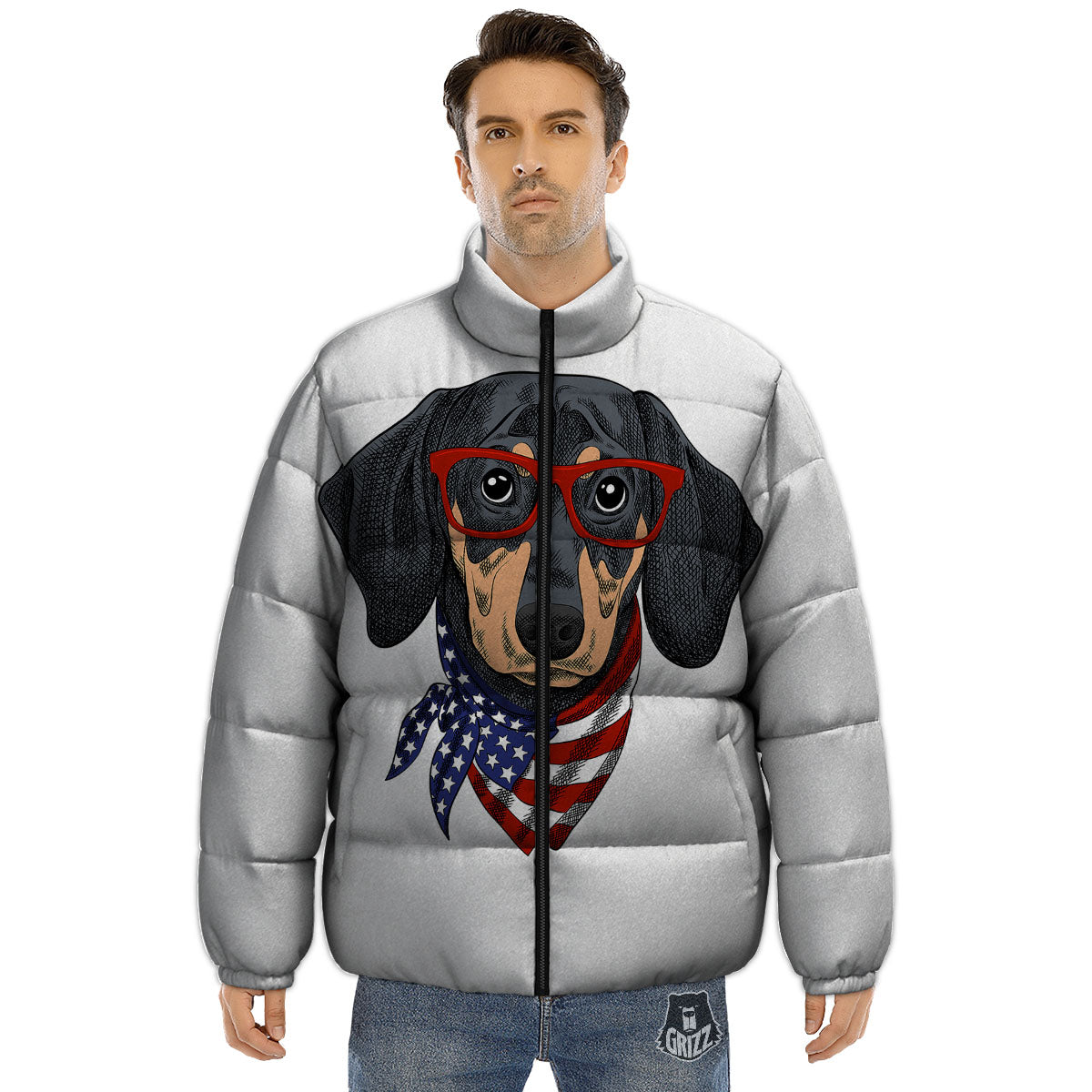 Dachshund Wearing Red Sunglasses Print Puffer Jacket-grizzshop