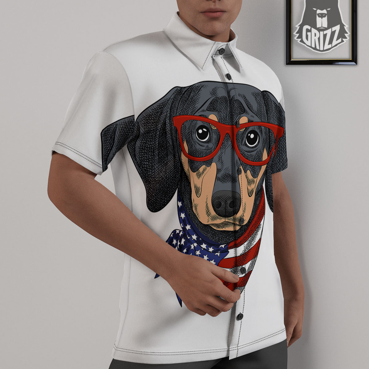Dachshund Wearing Red Sunglasses Print Untucked Shirts-grizzshop