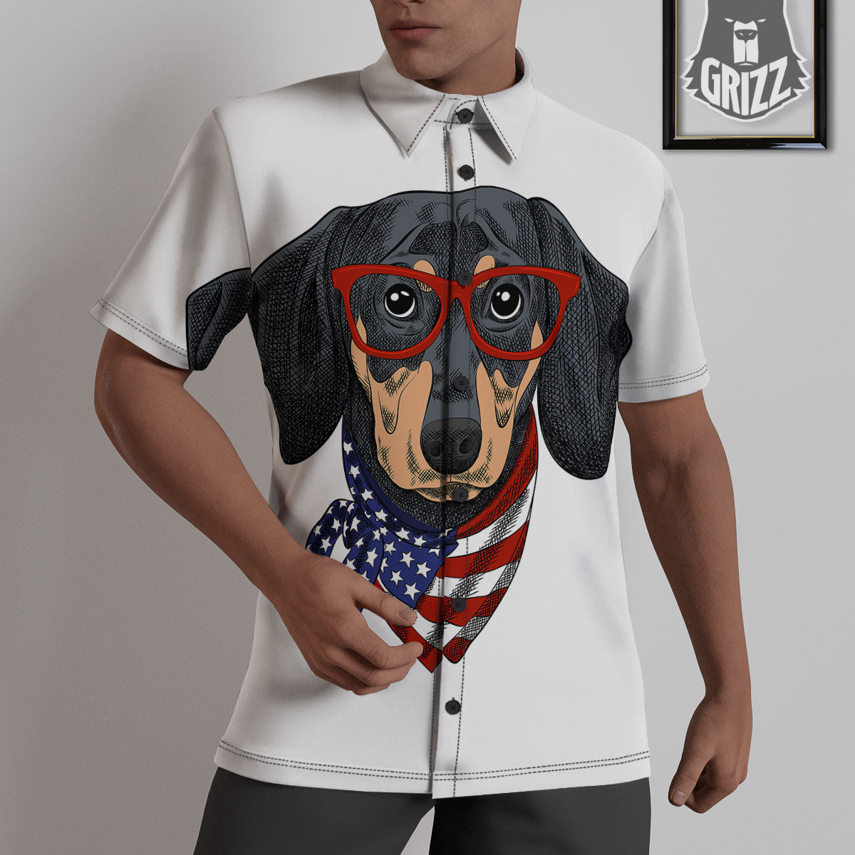 Dachshund Wearing Red Sunglasses Print Untucked Shirts-grizzshop