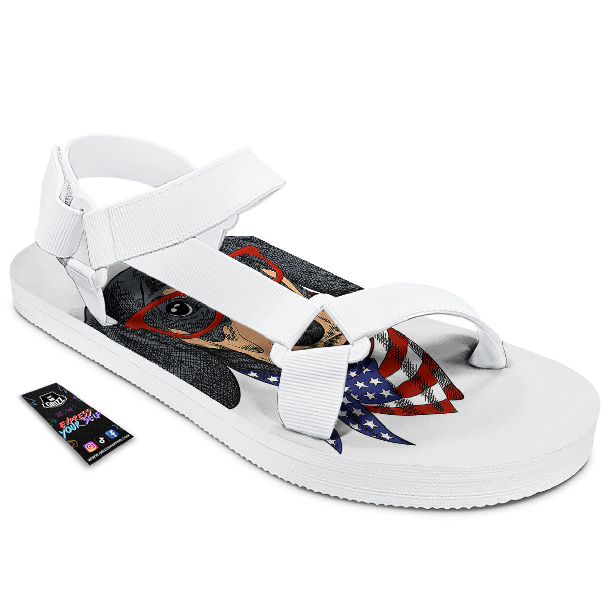 Dachshund Wearing Red Sunglasses Print White Open Toe Sandals-grizzshop