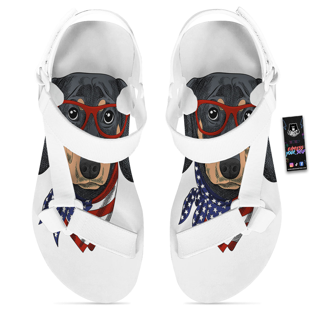 Dachshund Wearing Red Sunglasses Print White Open Toe Sandals-grizzshop