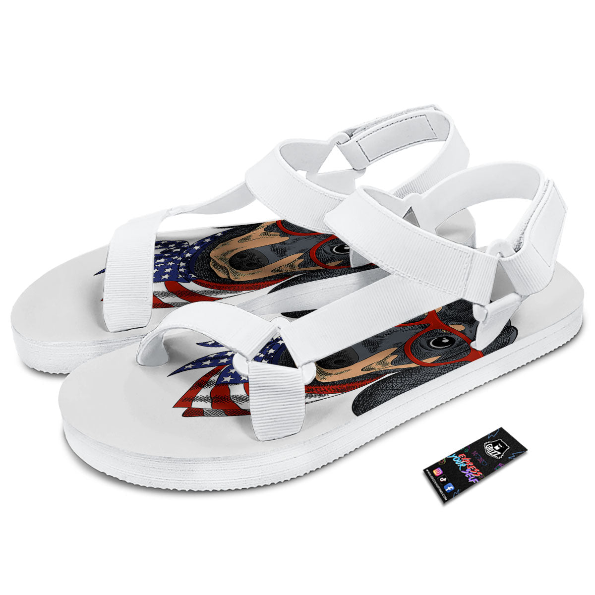 Dachshund Wearing Red Sunglasses Print White Open Toe Sandals-grizzshop