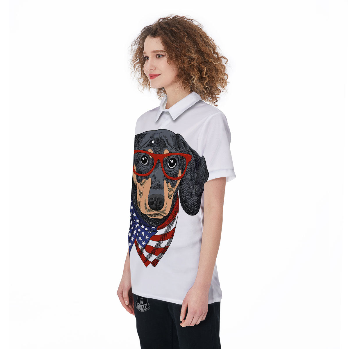 Dachshund Wearing Red Sunglasses Print Women's Golf Shirts-grizzshop
