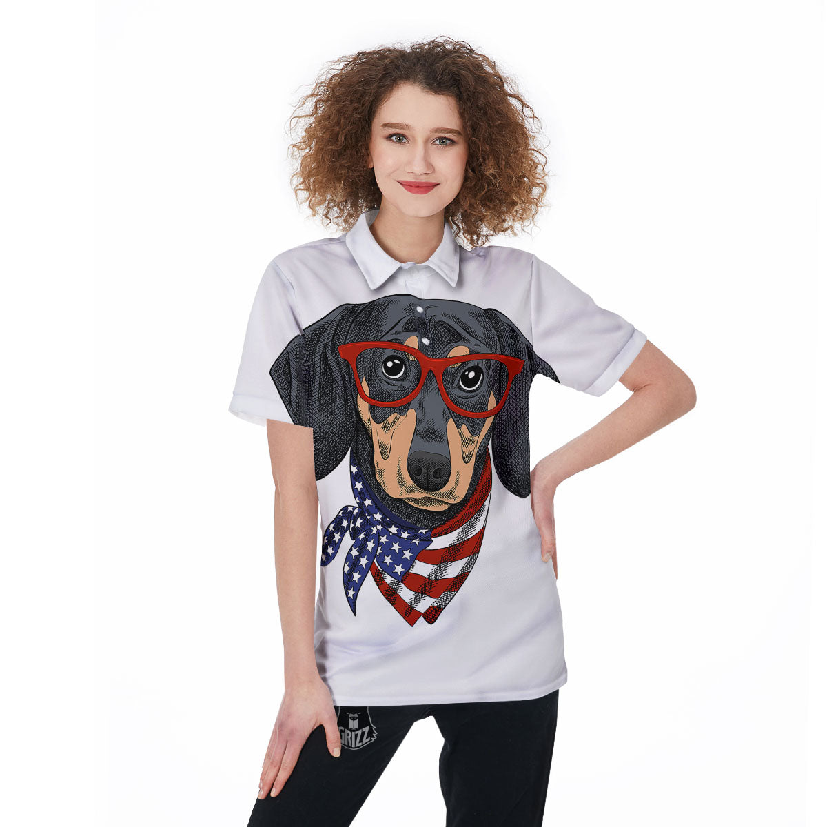 Dachshund Wearing Red Sunglasses Print Women's Golf Shirts-grizzshop