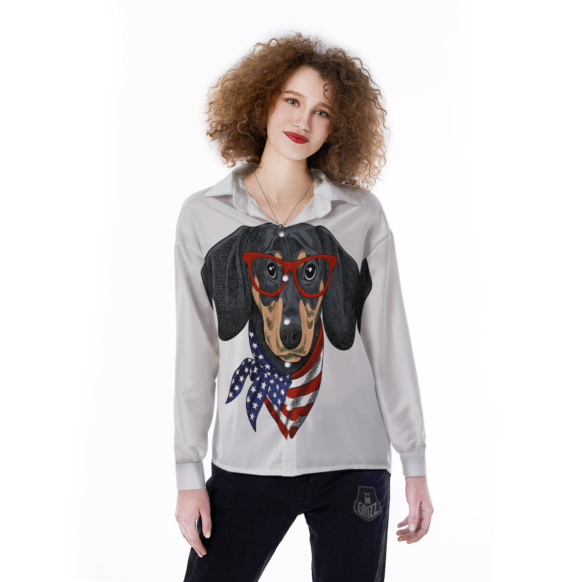 Dachshund Wearing Red Sunglasses Print Women's Long Sleeve Shirts-grizzshop
