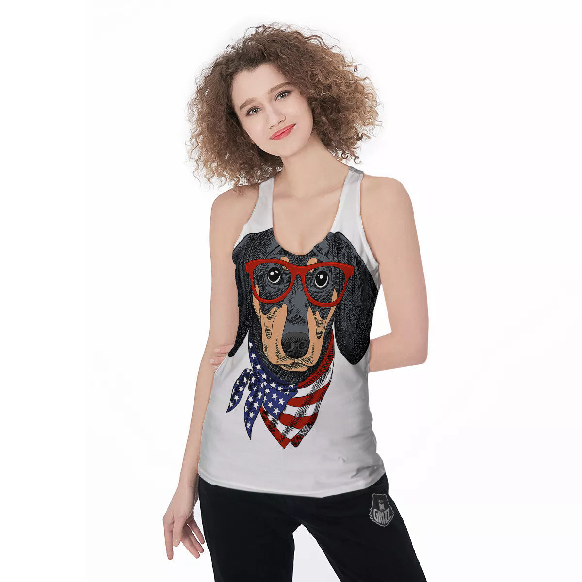 Dachshund Wearing Red Sunglasses Print Women's Racerback Tank Top-grizzshop