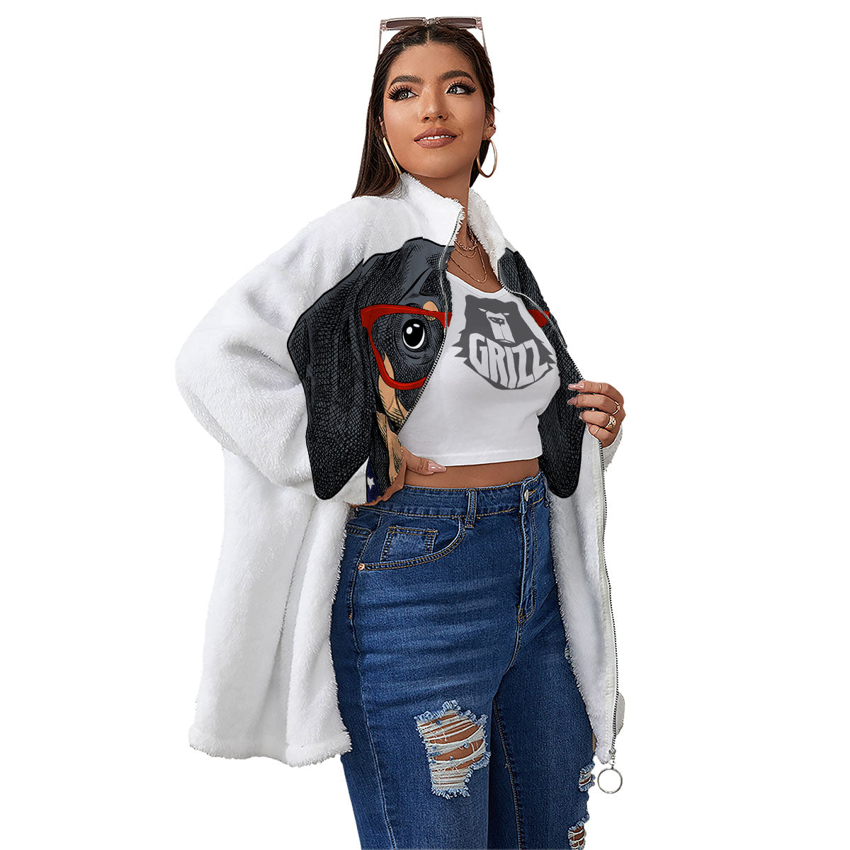 Dachshund Wearing Red Sunglasses Print Women's Sherpa Jacket-grizzshop