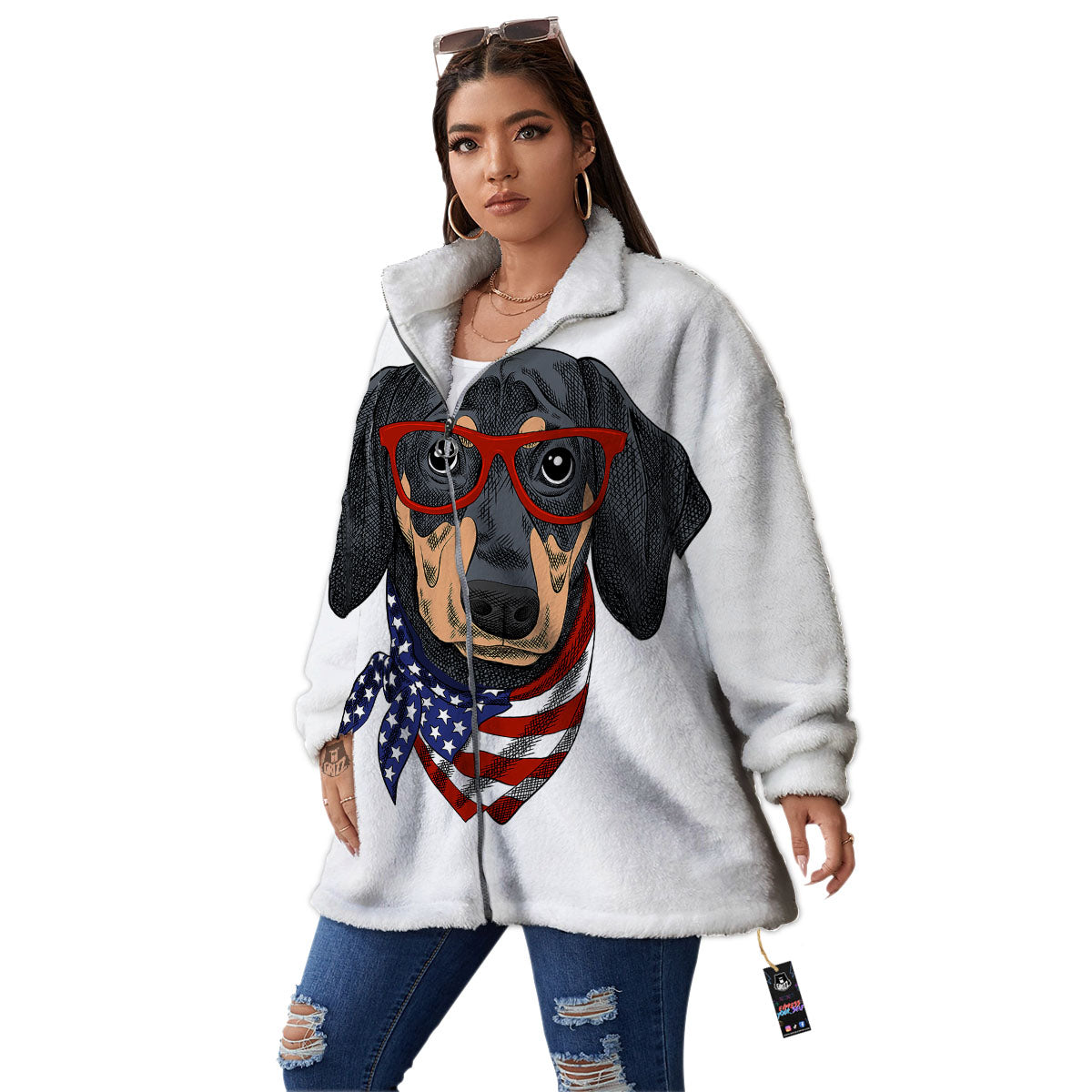 Dachshund Wearing Red Sunglasses Print Women's Sherpa Jacket-grizzshop