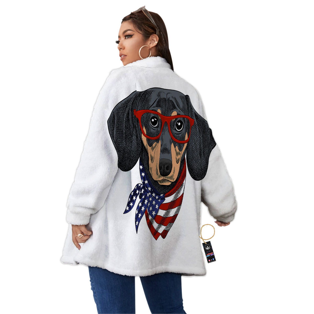 Dachshund Wearing Red Sunglasses Print Women's Sherpa Jacket-grizzshop
