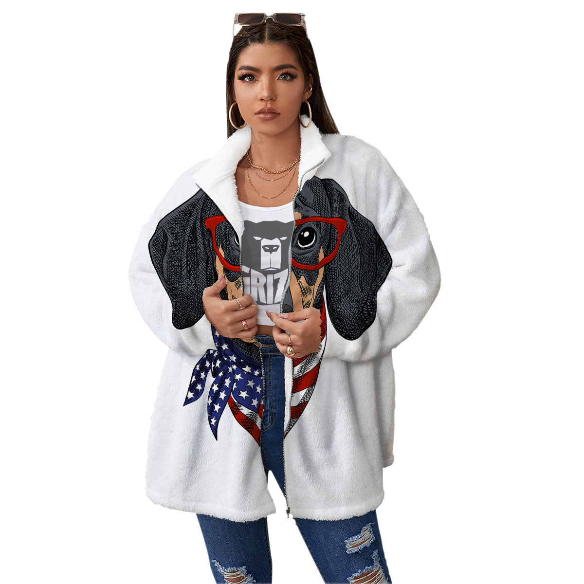 Dachshund Wearing Red Sunglasses Print Women's Sherpa Jacket-grizzshop