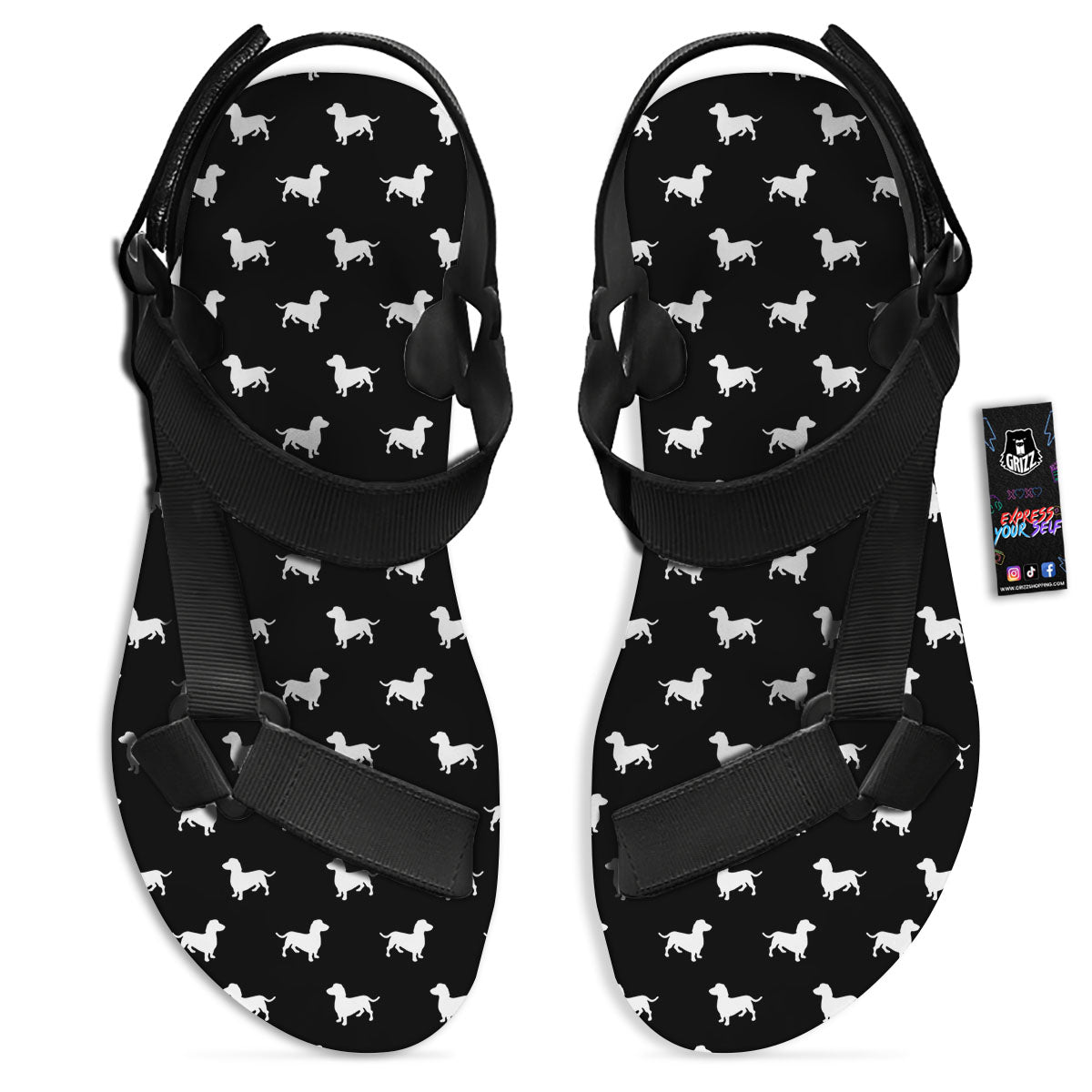 Dachshund White And Black Print Pattern Black Open Toe Sandals-grizzshop