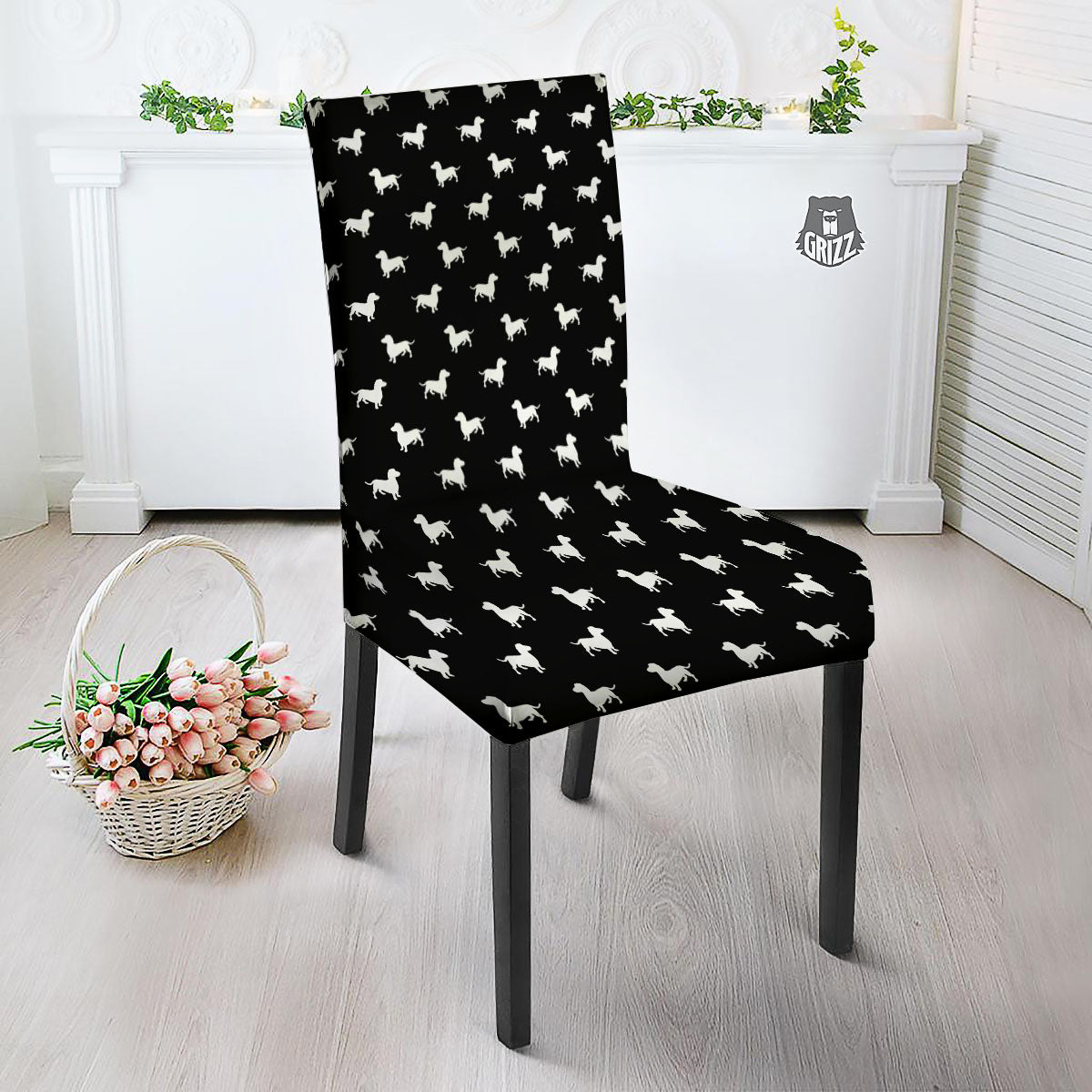 Dachshund White And Black Print Pattern Dining Chair Slipcover-grizzshop