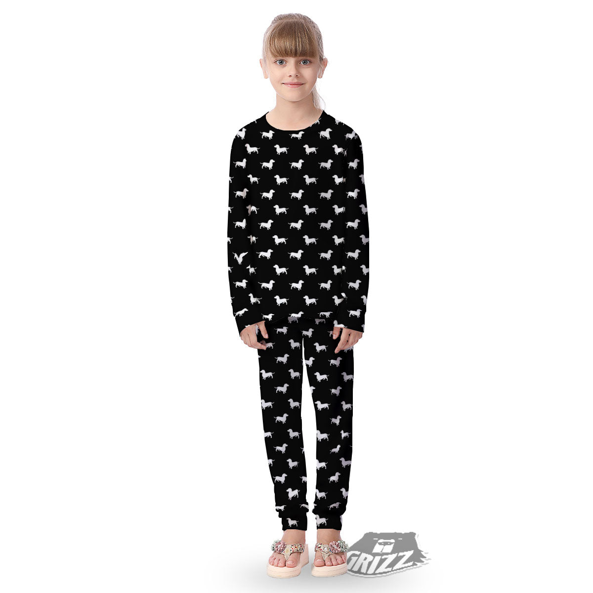 Dachshund White And Black Print Pattern Kid's Pajamas-grizzshop