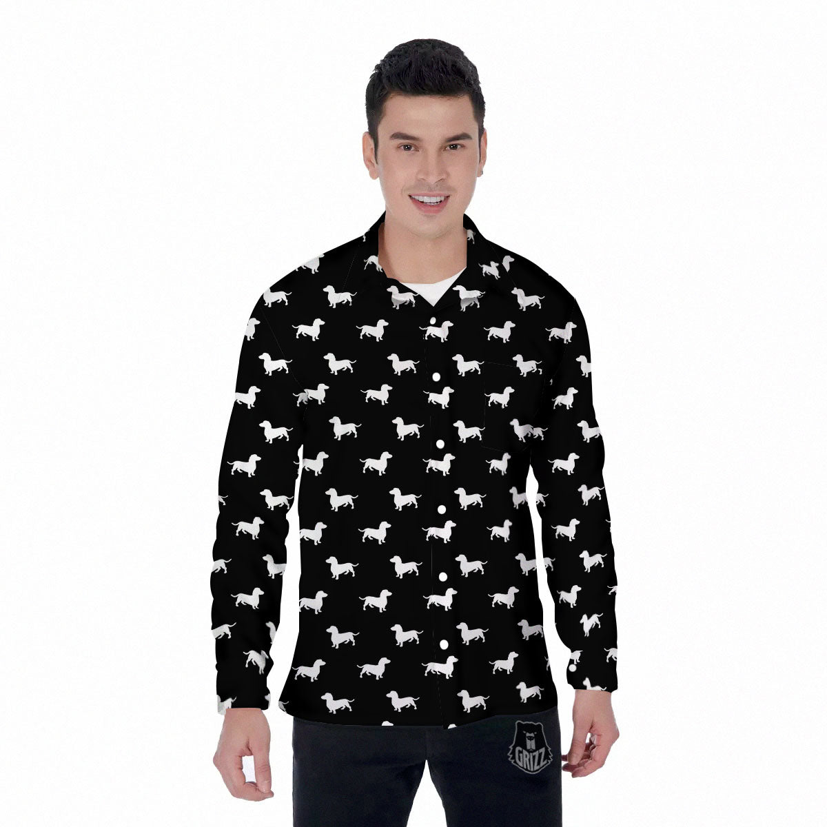 Dachshund White And Black Print Pattern Men's Long Sleeve Shirts-grizzshop