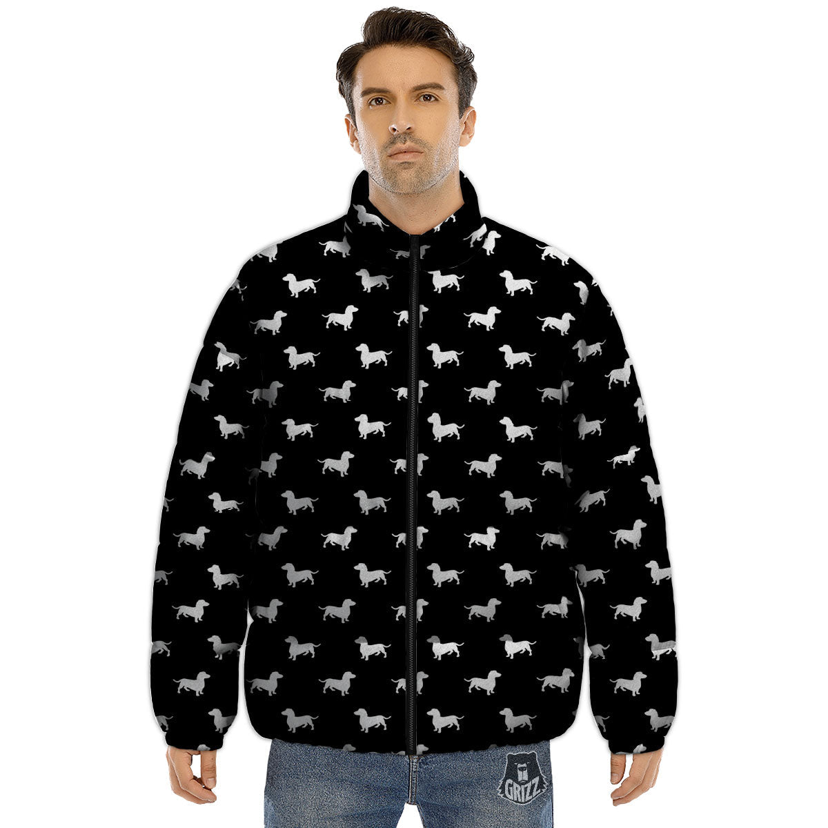 Dachshund White And Black Print Pattern Puffer Jacket-grizzshop