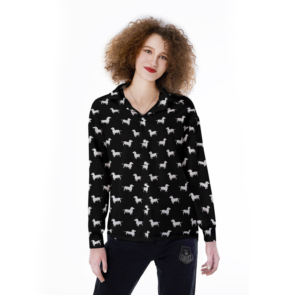 Dachshund White And Black Print Pattern Women's Long Sleeve Shirts-grizzshop