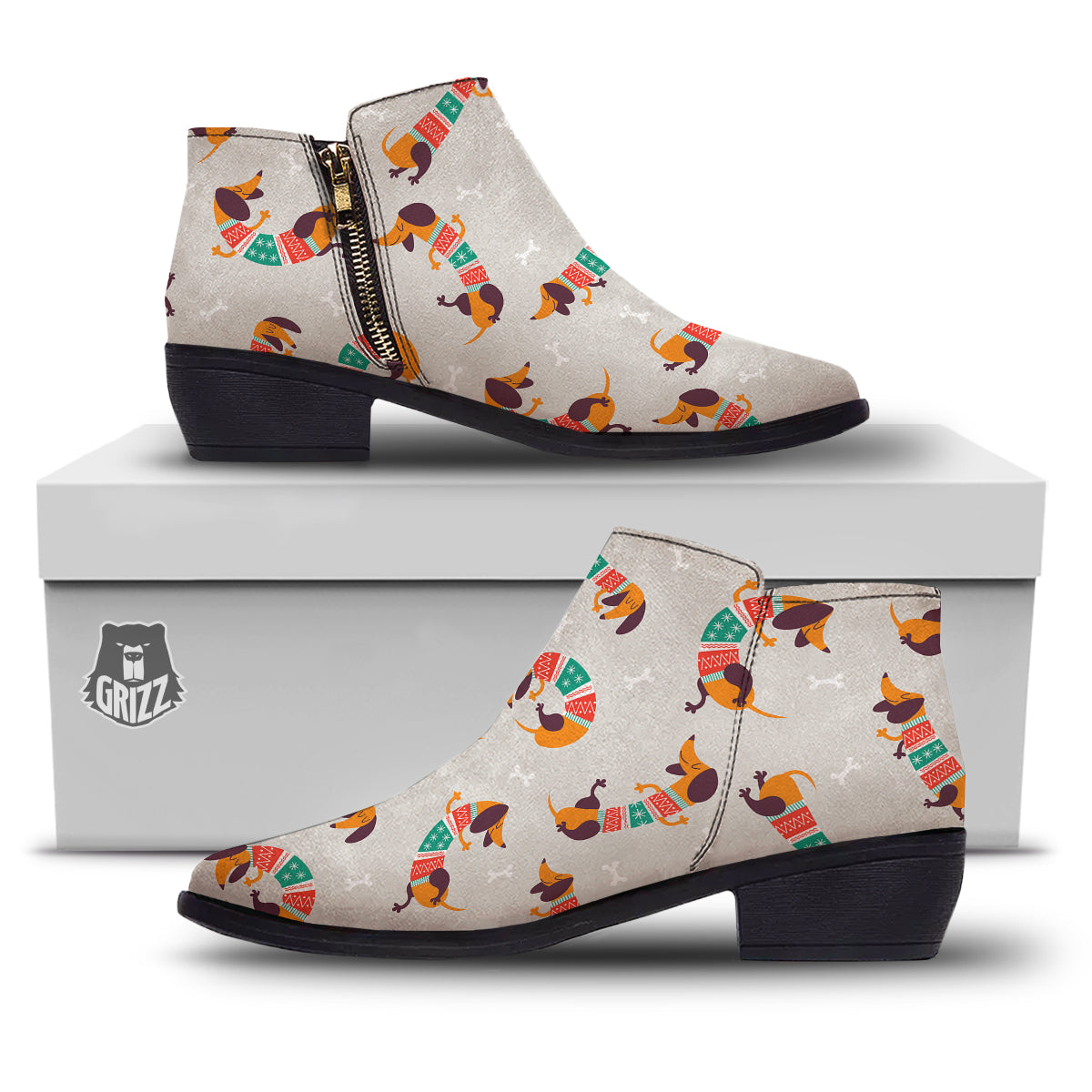 Dachshund Xmas Print Pattern Ankle Boots-grizzshop