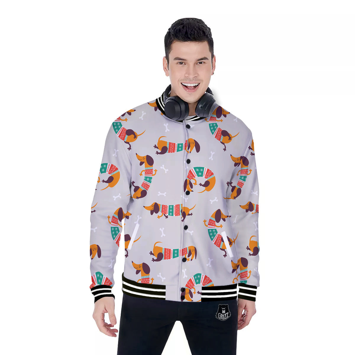Dachshund Xmas Print Pattern Baseball Jacket-grizzshop