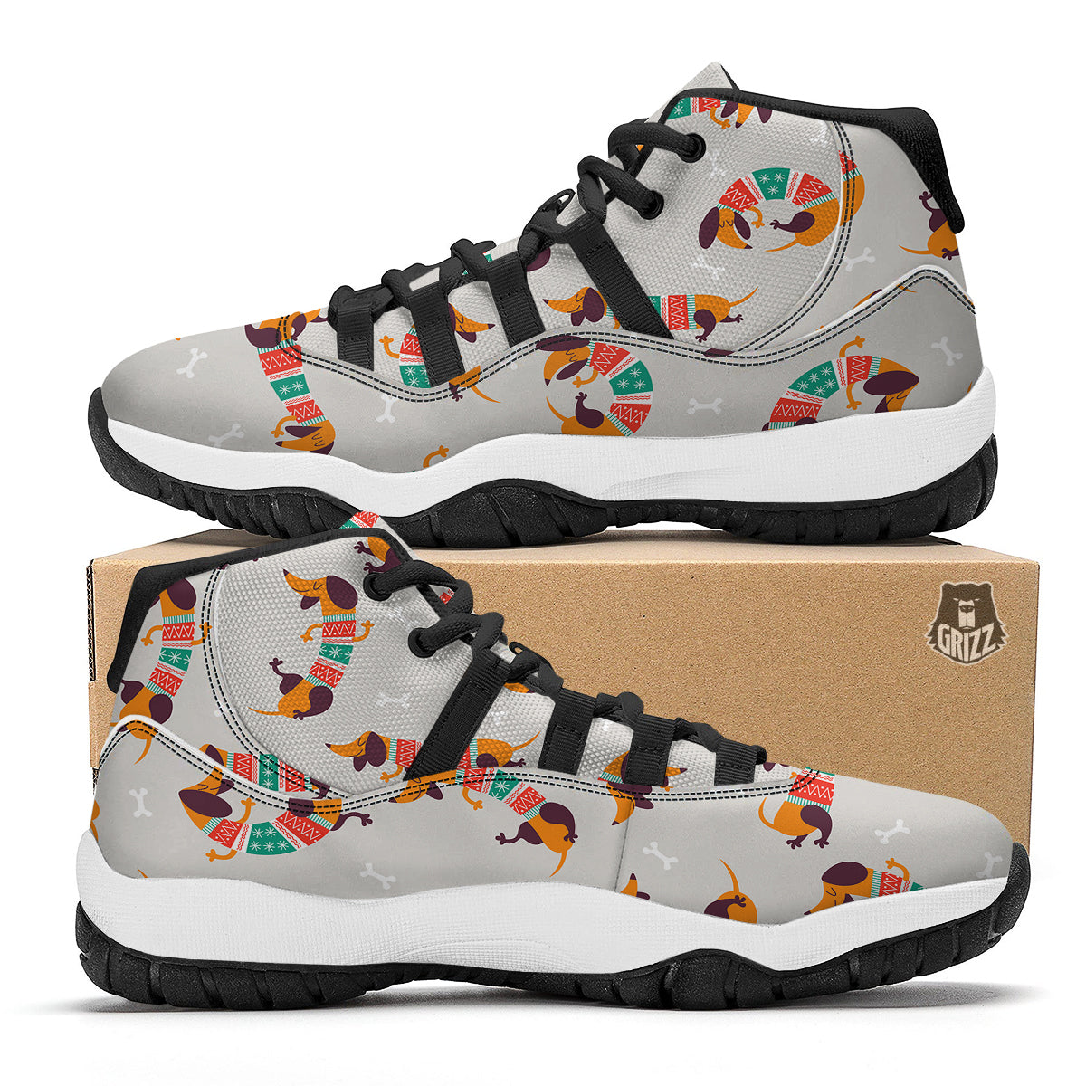 Dachshund Xmas Print Pattern Black Bball Shoes-grizzshop