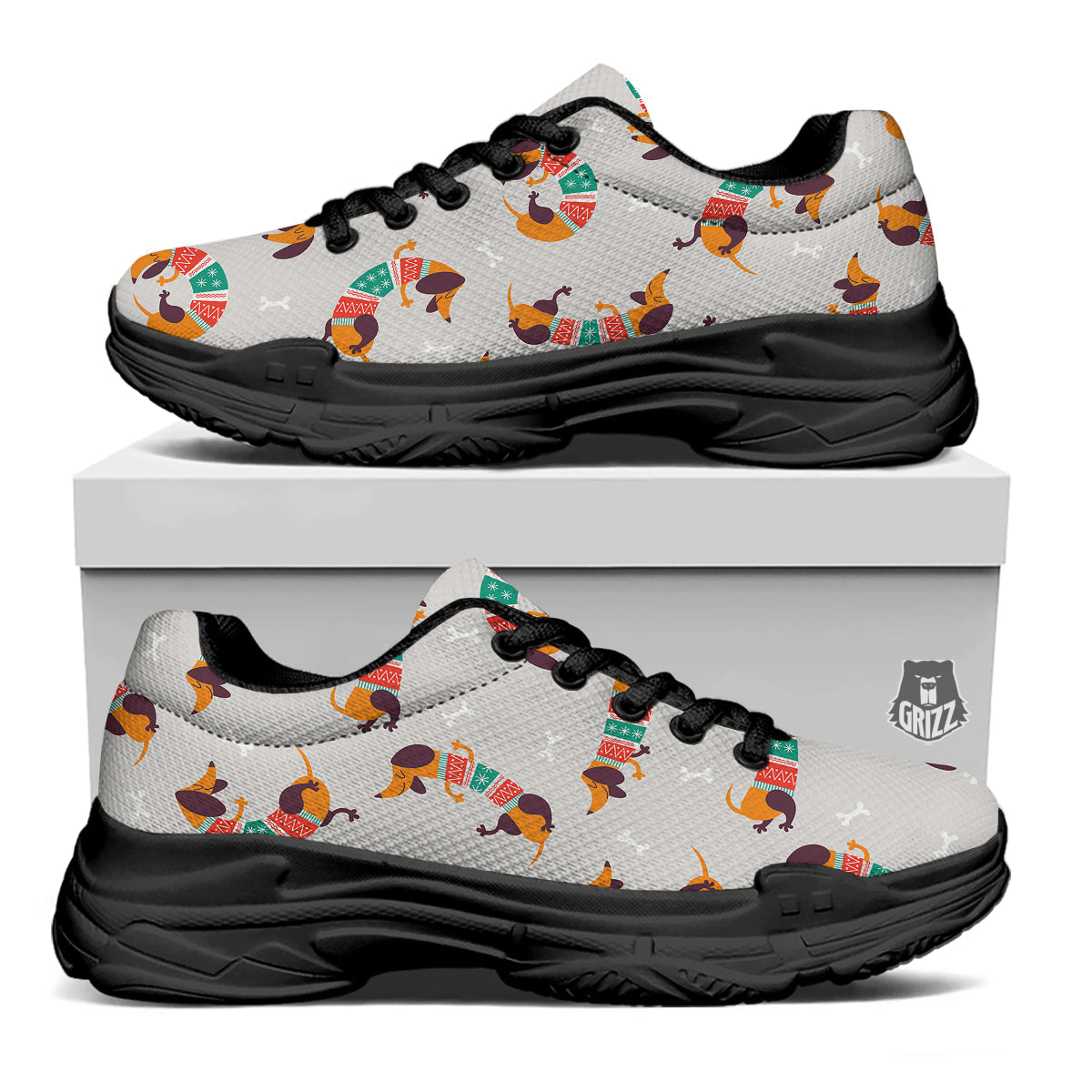 Dachshund Xmas Print Pattern Black Chunky Shoes-grizzshop
