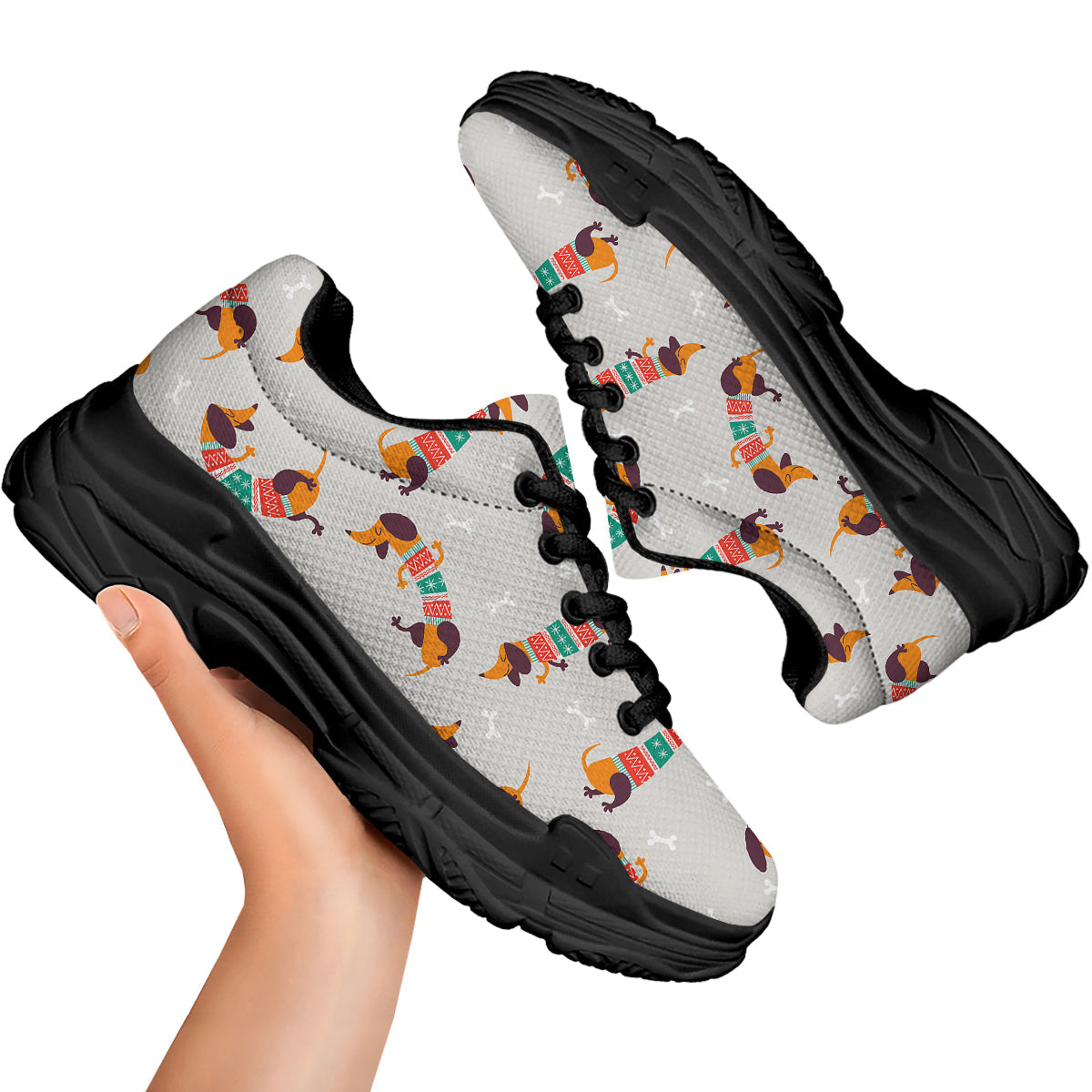 Dachshund Xmas Print Pattern Black Chunky Shoes-grizzshop