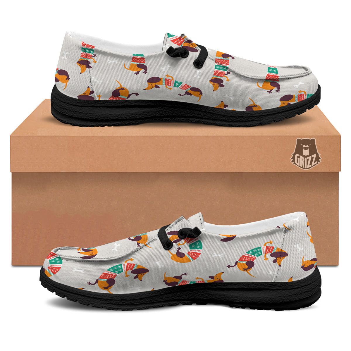 Dachshund Xmas Print Pattern Black Loafers-grizzshop