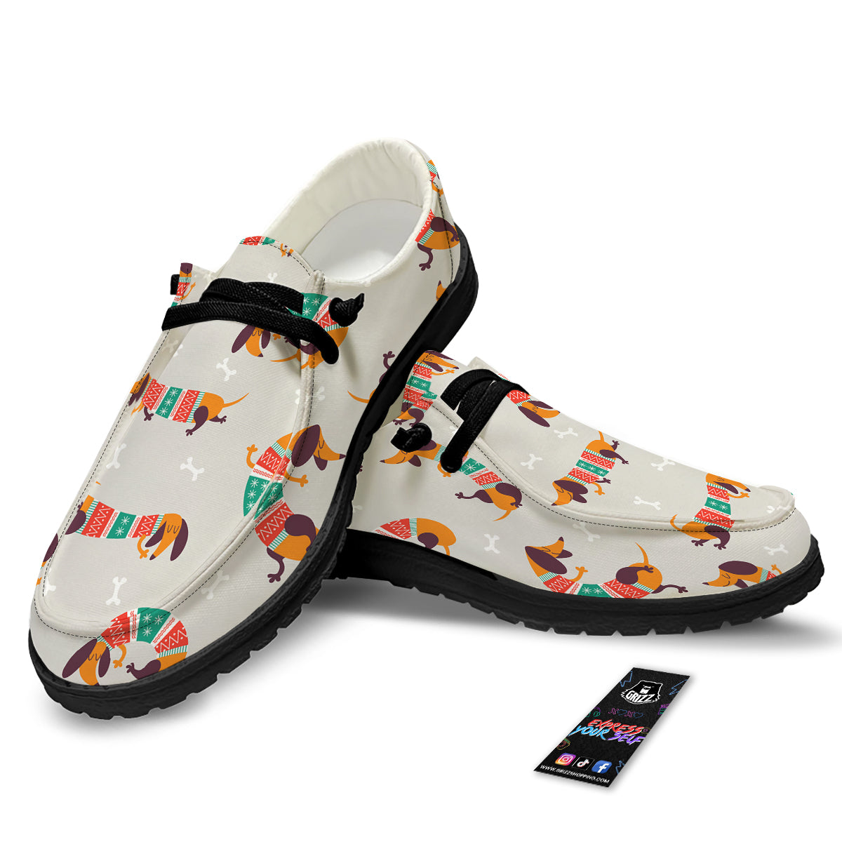 Dachshund Xmas Print Pattern Black Loafers-grizzshop