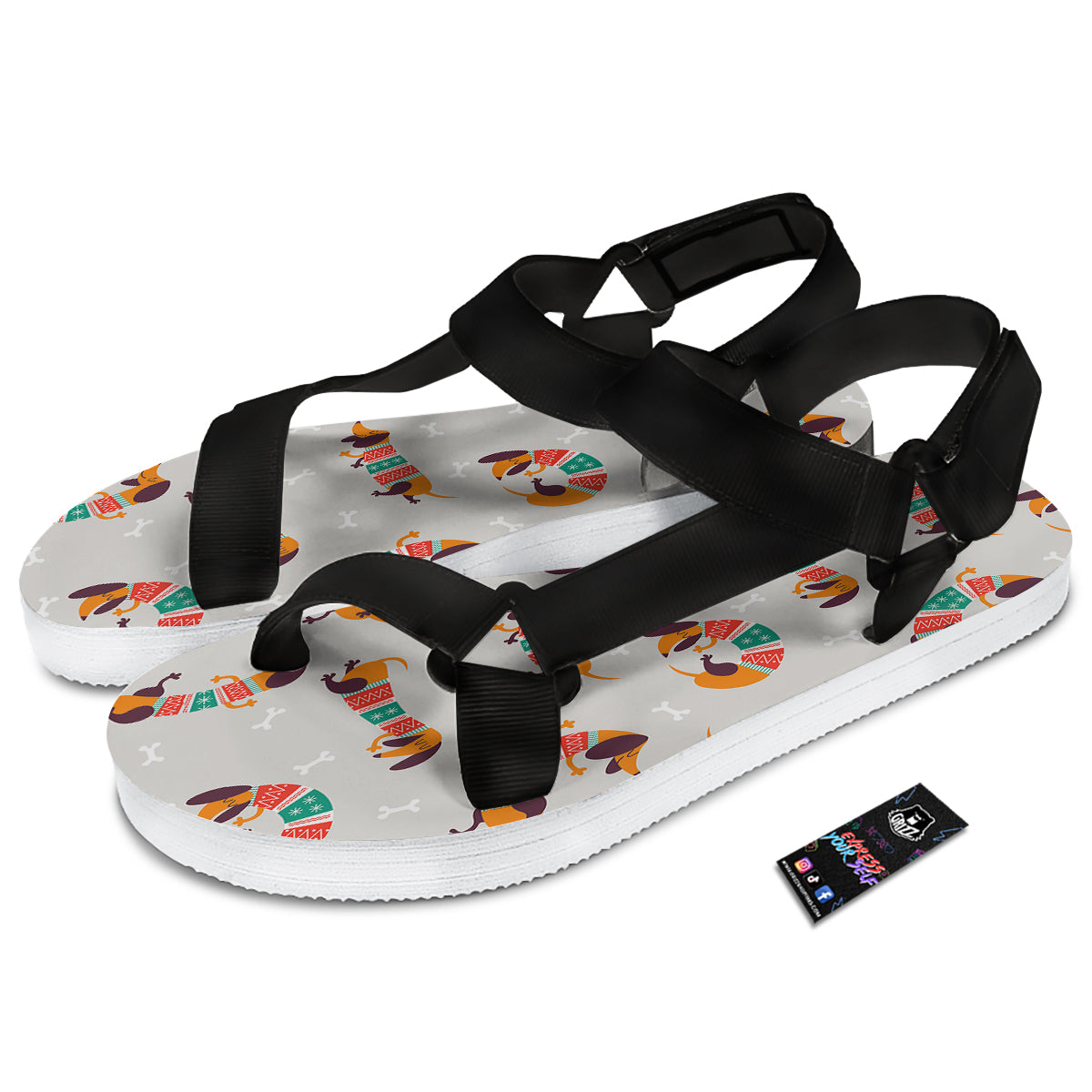 Dachshund Xmas Print Pattern Black Open Toe Sandals-grizzshop
