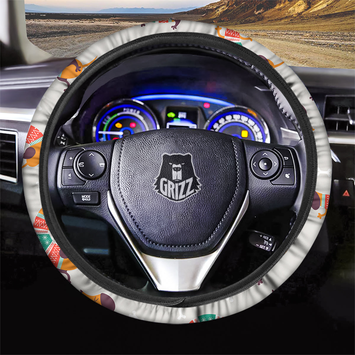 Dachshund Xmas Print Pattern Car Steering Wheel Cover-grizzshop