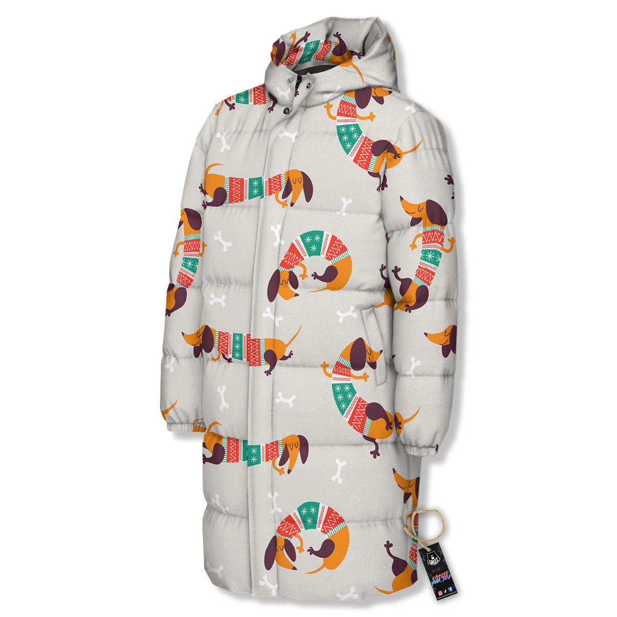 Dachshund Xmas Print Pattern Long Down Jacket-grizzshop