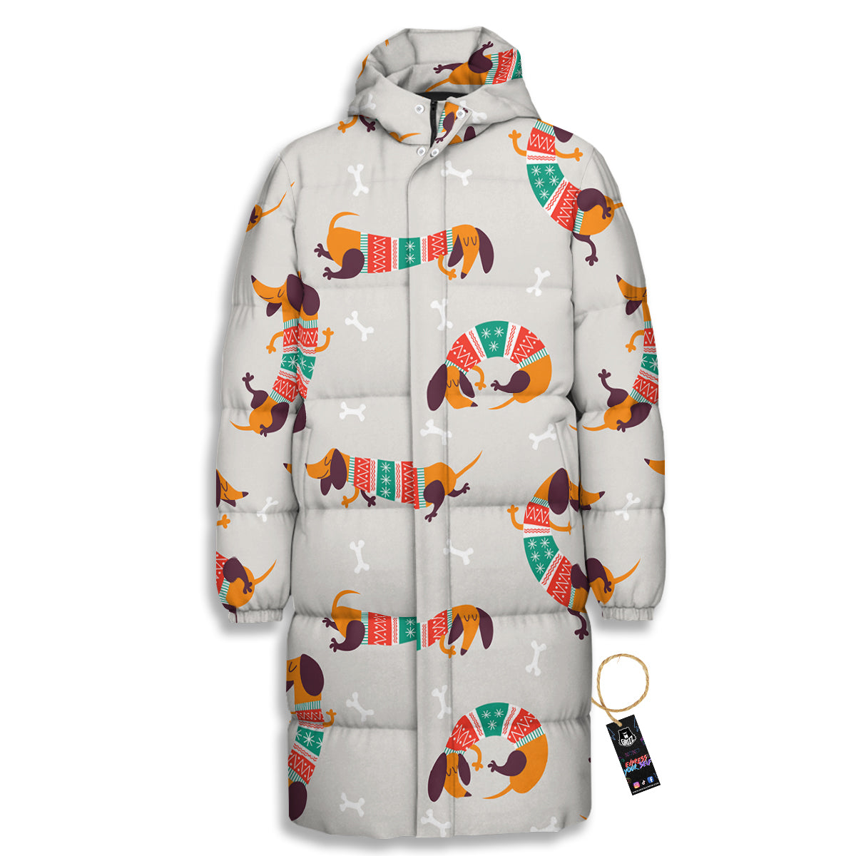 Dachshund Xmas Print Pattern Long Down Jacket-grizzshop