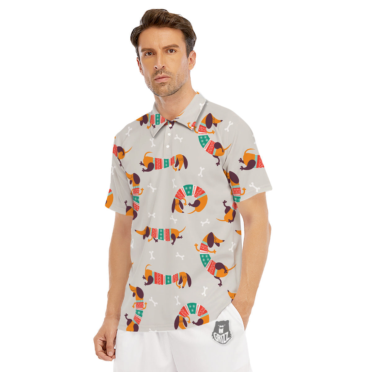 Dachshund Xmas Print Pattern Men's Golf Shirts-grizzshop