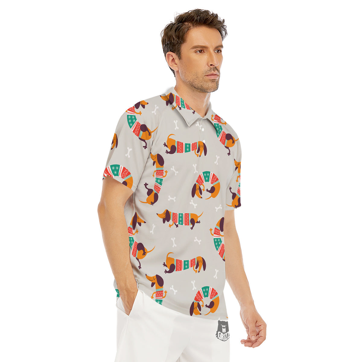Dachshund Xmas Print Pattern Men's Golf Shirts-grizzshop