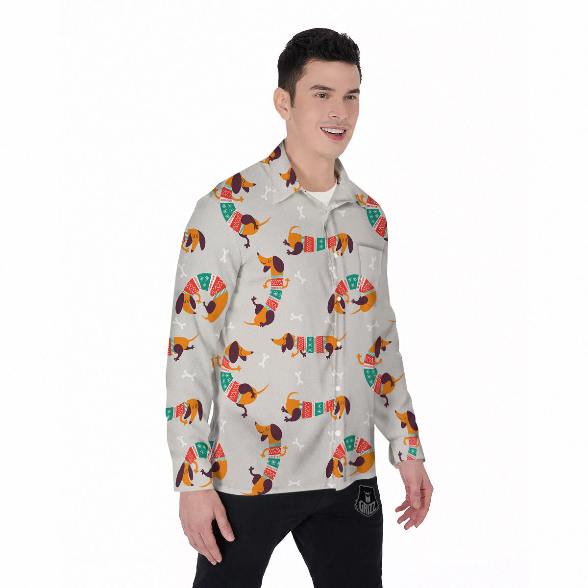 Dachshund Xmas Print Pattern Men's Long Sleeve Shirts-grizzshop