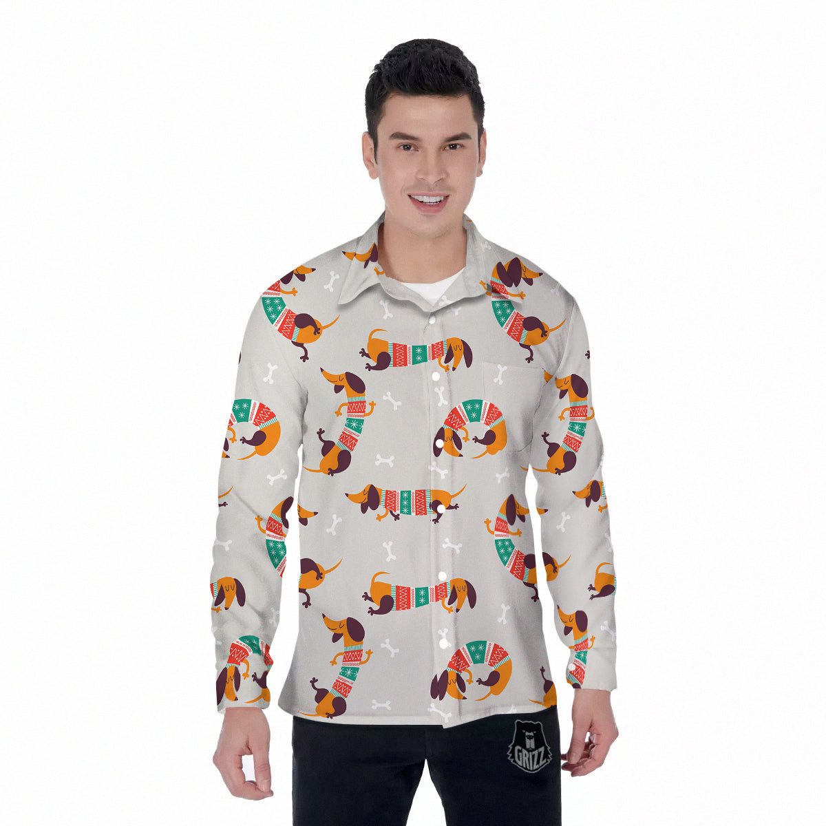 Dachshund Xmas Print Pattern Men's Long Sleeve Shirts-grizzshop
