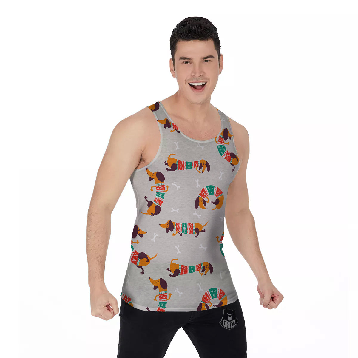 Dachshund Xmas Print Pattern Men's Tank Top-grizzshop