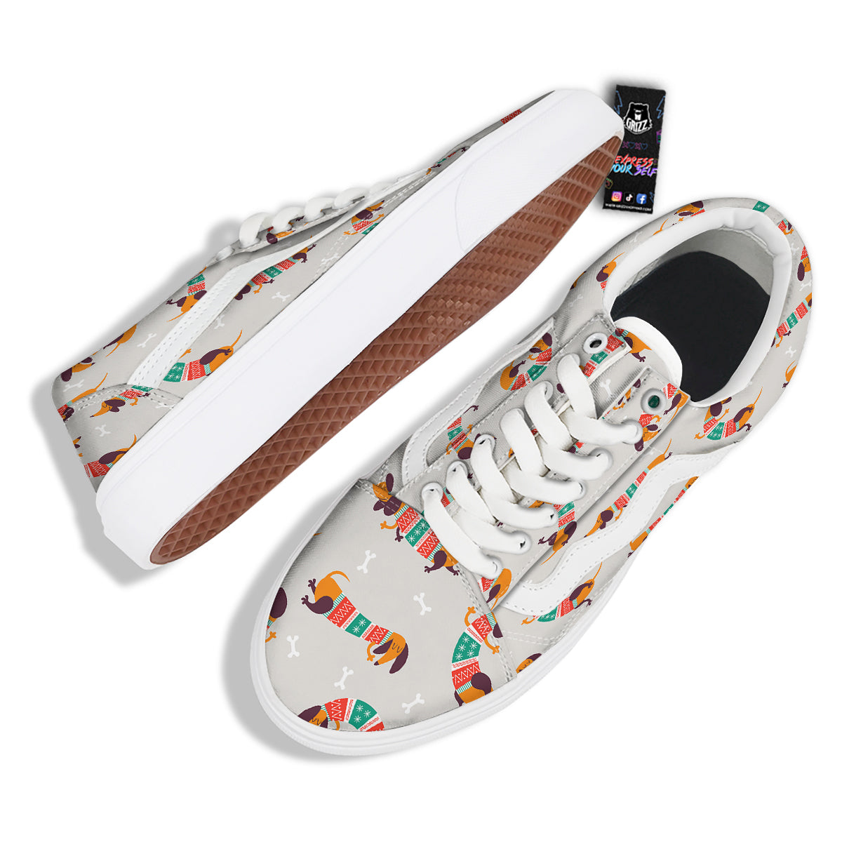 Dachshund Xmas Print Pattern Skate Shoes-grizzshop