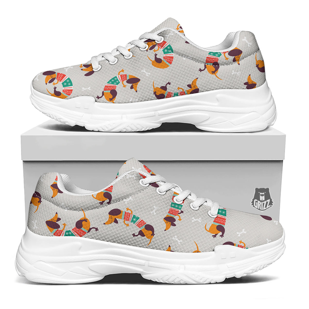 Dachshund Xmas Print Pattern White Chunky Shoes-grizzshop