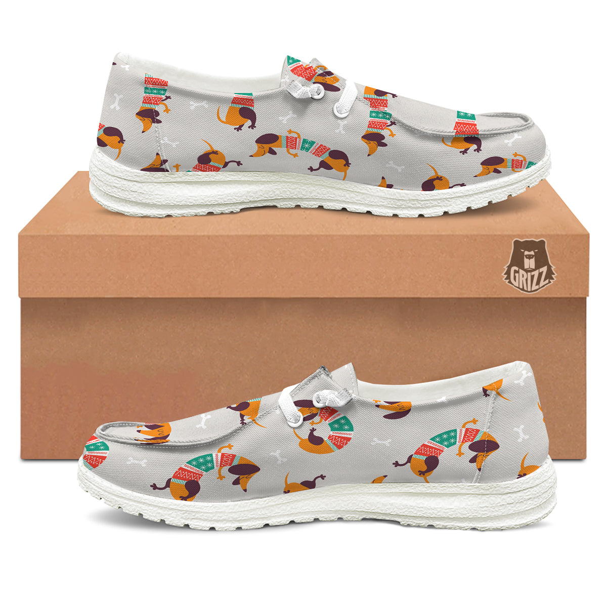 Dachshund Xmas Print Pattern White Loafers-grizzshop