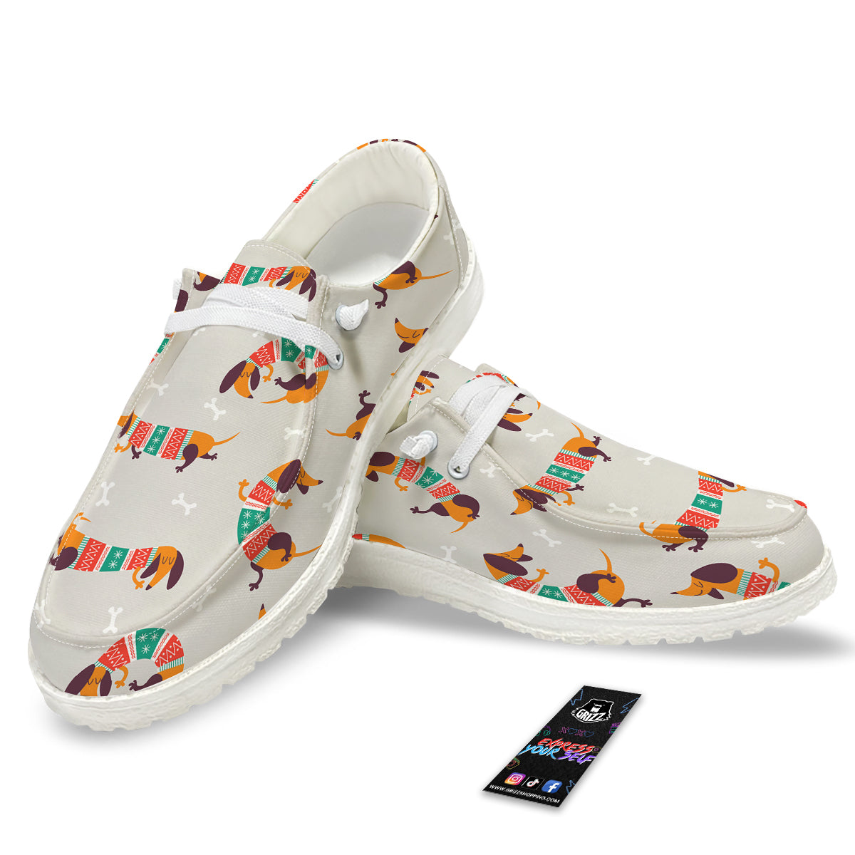 Dachshund Xmas Print Pattern White Loafers-grizzshop