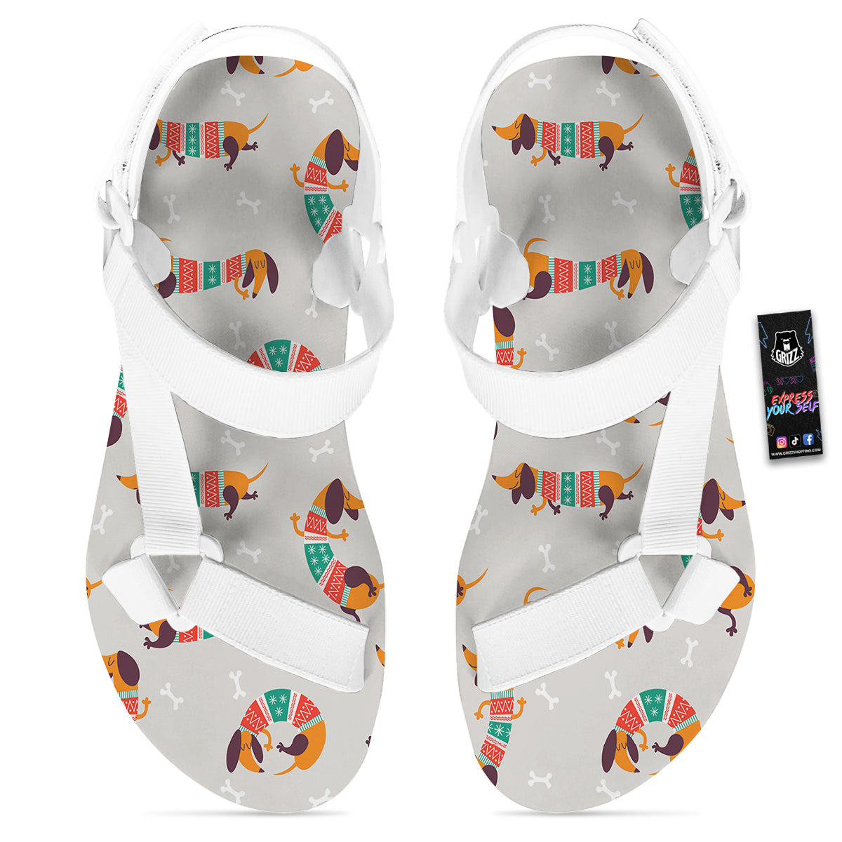 Dachshund Xmas Print Pattern White Open Toe Sandals-grizzshop