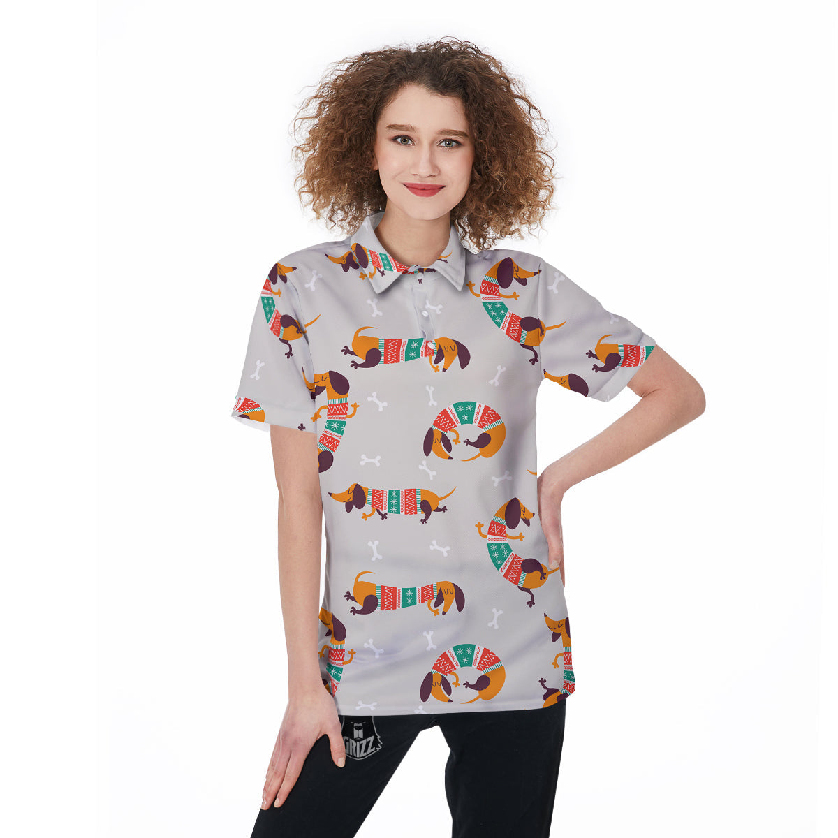 Dachshund Xmas Print Pattern Women's Golf Shirts-grizzshop