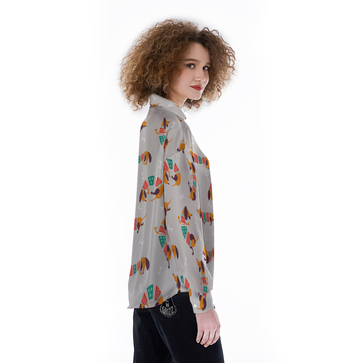Dachshund Xmas Print Pattern Women's Long Sleeve Shirts-grizzshop