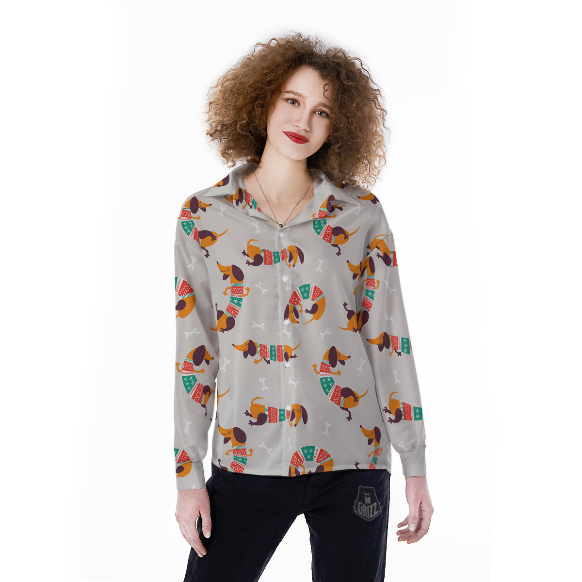 Dachshund Xmas Print Pattern Women's Long Sleeve Shirts-grizzshop