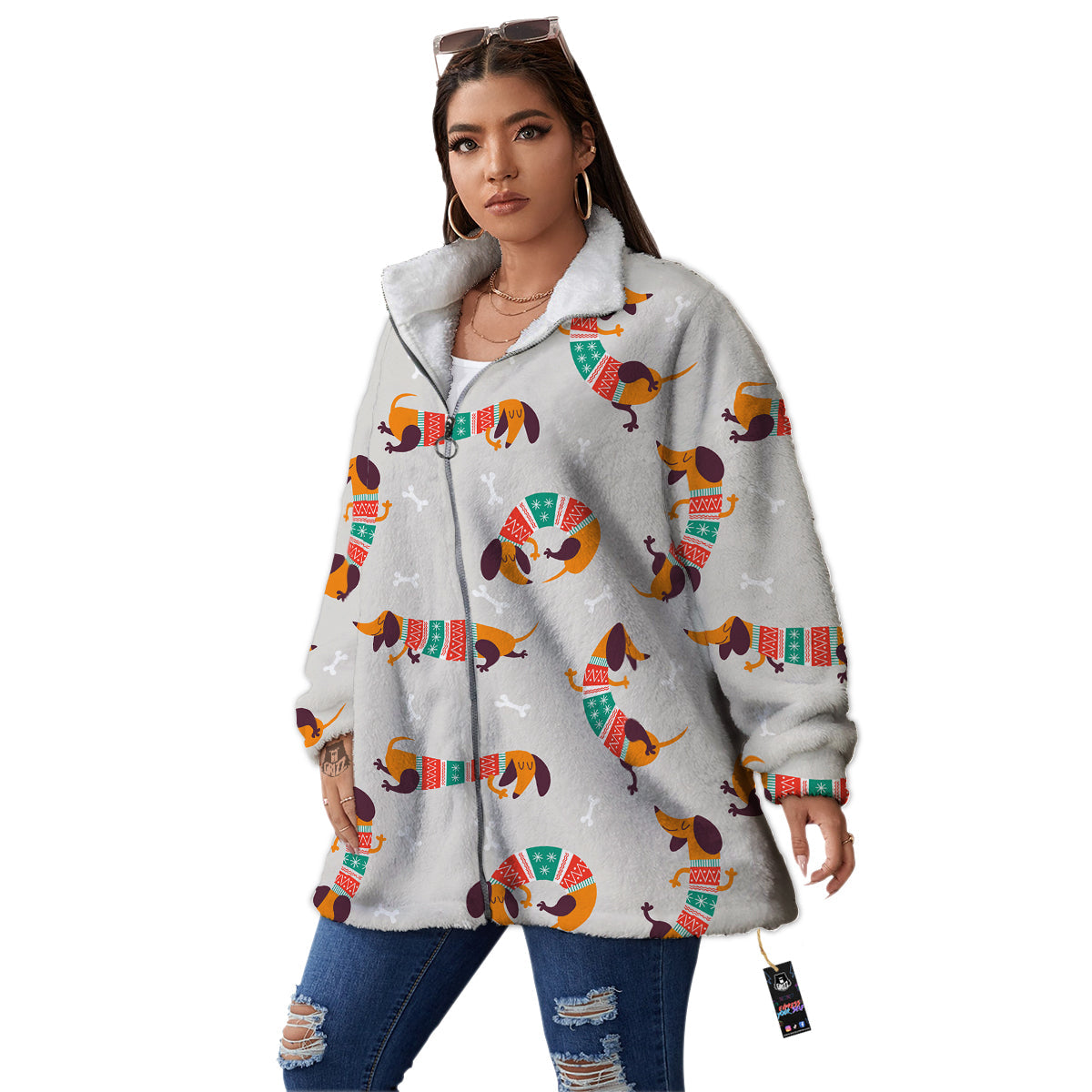 Dachshund Xmas Print Pattern Women's Sherpa Jacket-grizzshop