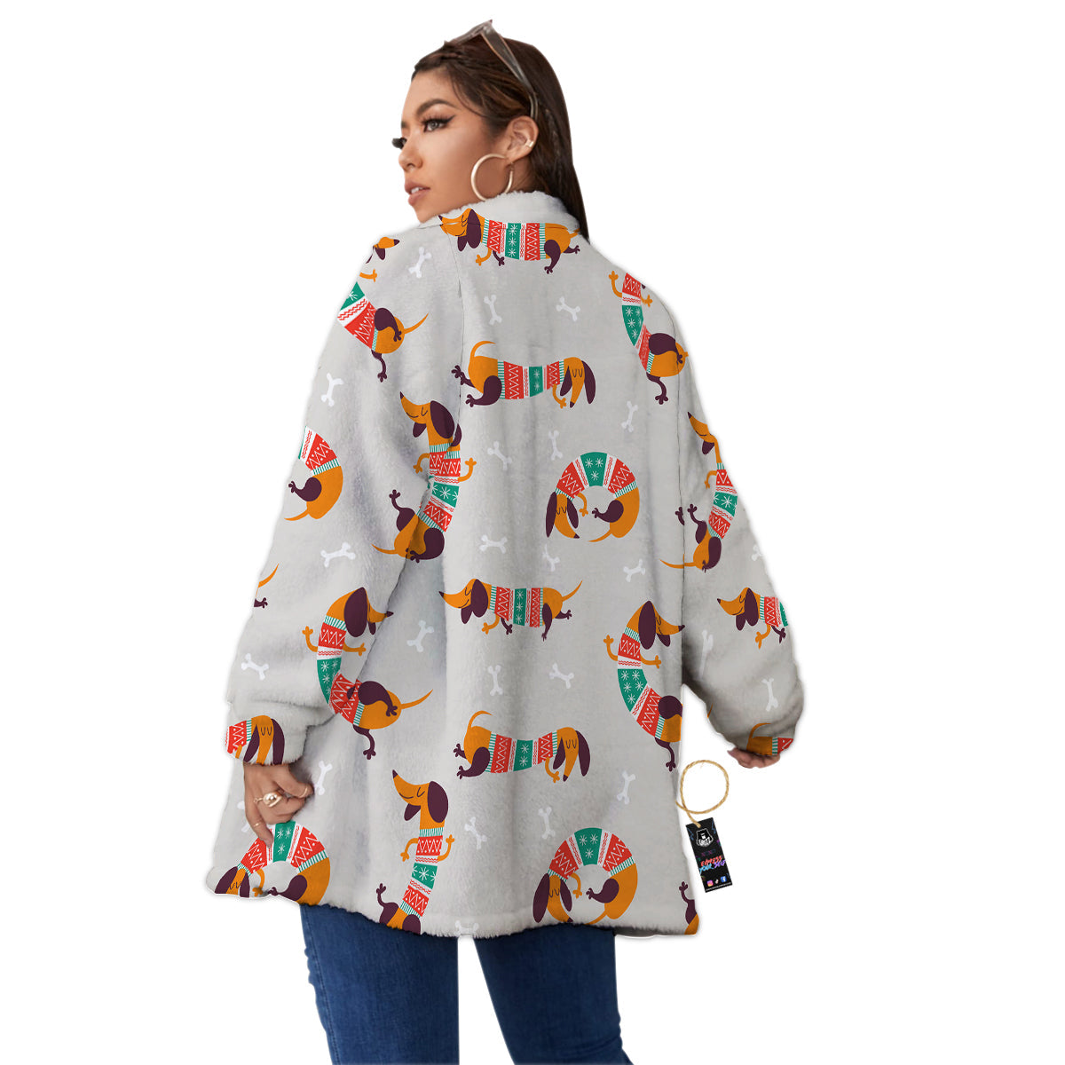 Dachshund Xmas Print Pattern Women's Sherpa Jacket-grizzshop