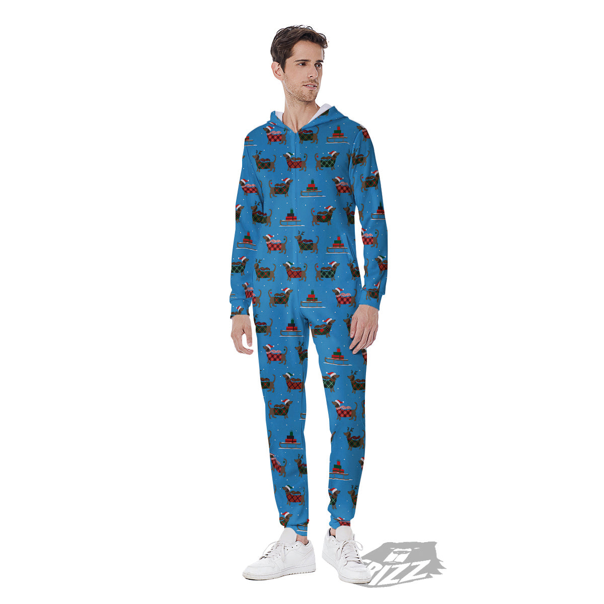 Dachshund Christmas Santa Print Men's Jumpsuit-grizzshop