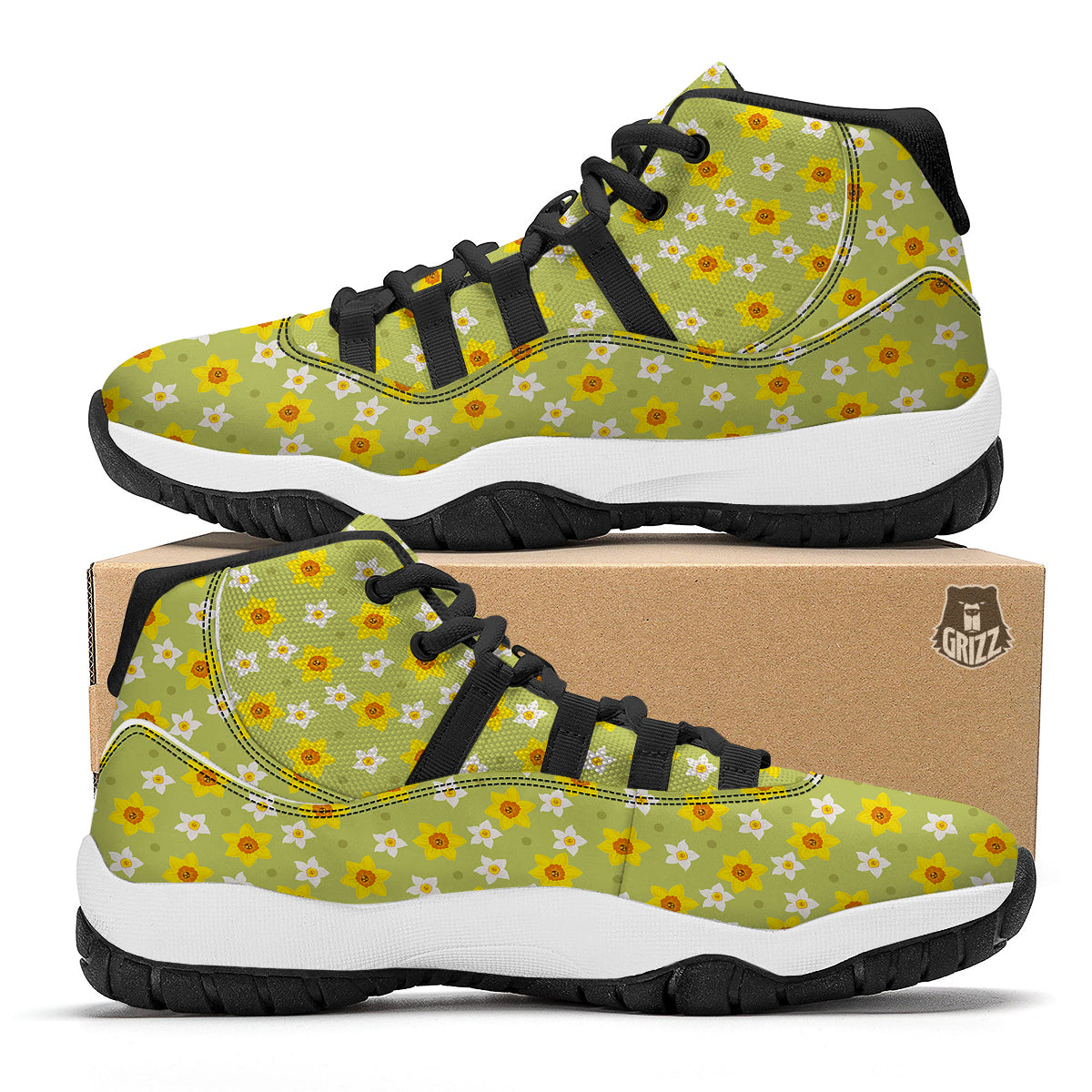 Daffodil And Green Dot Print Pattern Black Bball Shoes-grizzshop