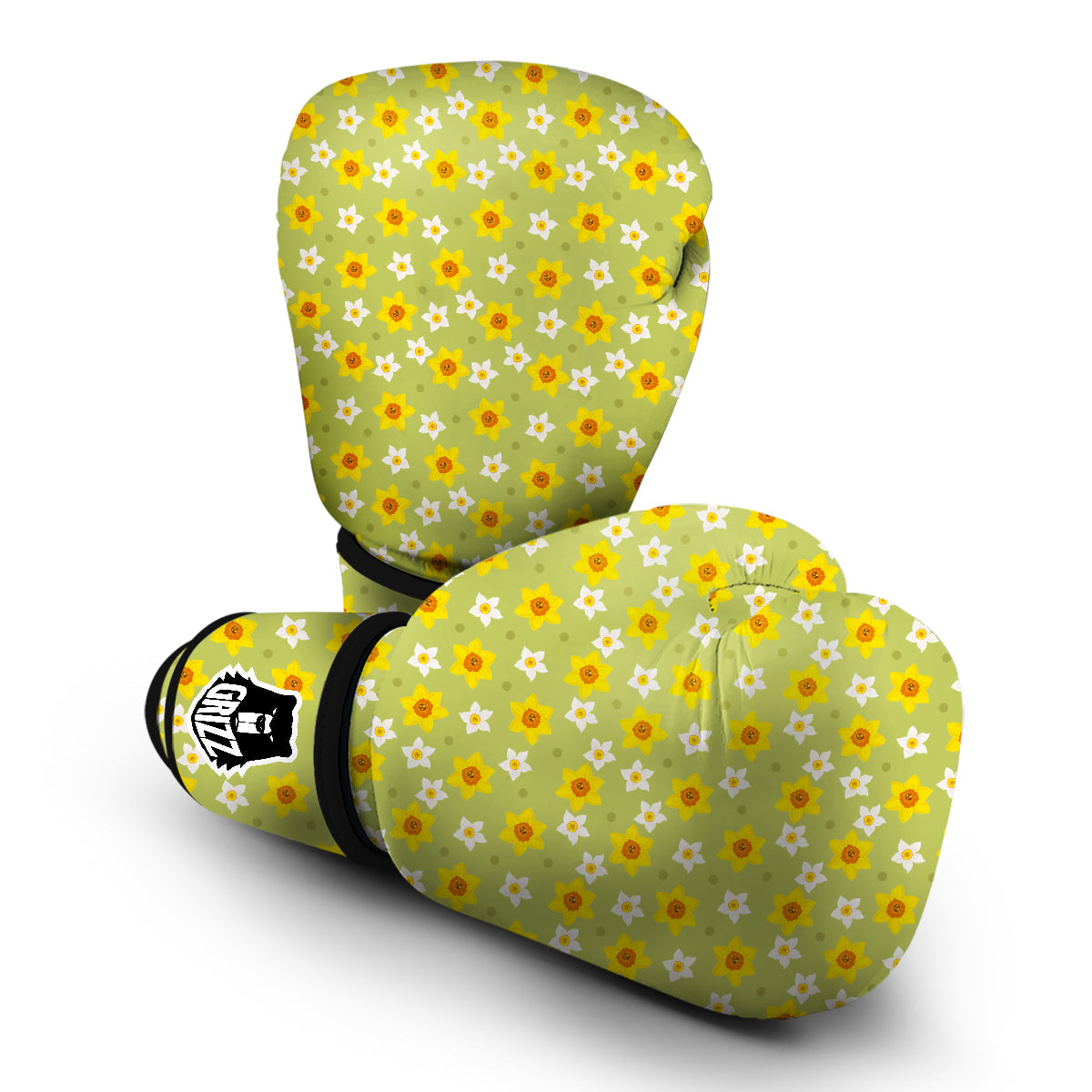 Daffodil And Green Dot Print Pattern Boxing Gloves-grizzshop